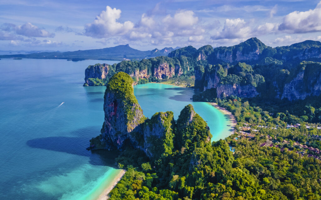 Aerial drone view of Railay beach Krabi Thailand. Railay beach with limestone rocks from the sky